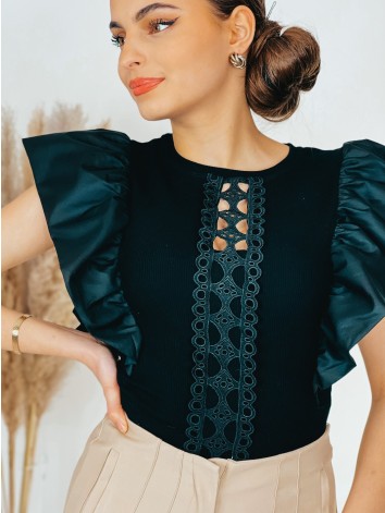 Dámske čierne elegantné body s nariaseným krátkym rukávom SIMIE