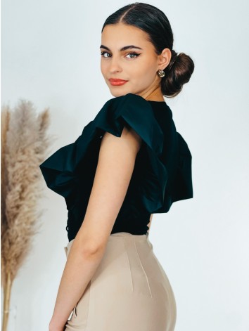 Dámske čierne elegantné body s nariaseným krátkym rukávom SIMIE