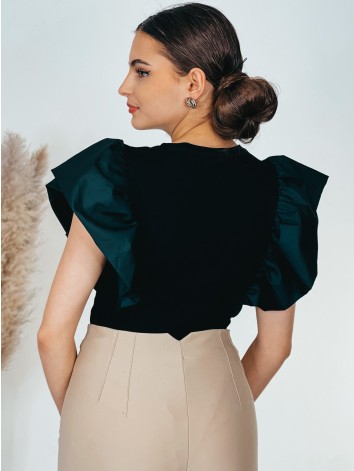 Dámske čierne elegantné body s nariaseným krátkym rukávom SIMIE