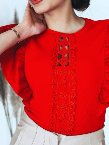 Dámske červené elegantné body s nariaseným krátkym rukávom SIMIE