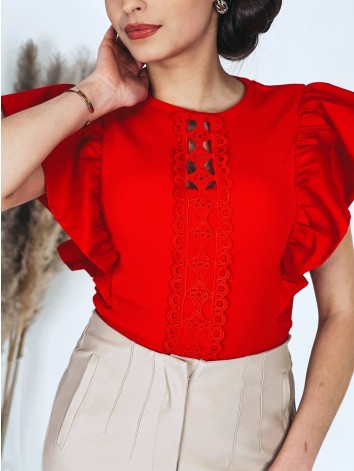 Dámske červené elegantné body s nariaseným krátkym rukávom SIMIE