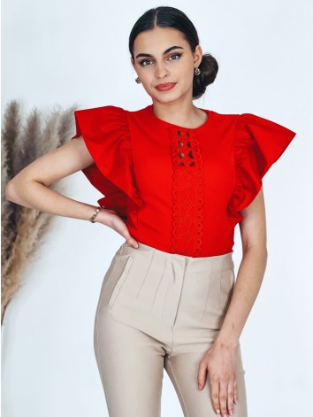Dámske červené elegantné body s nariaseným krátkym rukávom SIMIE