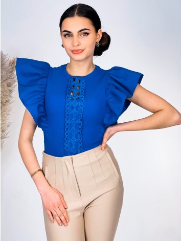 Dámske modré elegantné body s nariaseným krátkym rukávom SIMIE