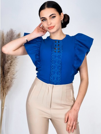 Dámske modré elegantné body s nariaseným krátkym rukávom SIMIE