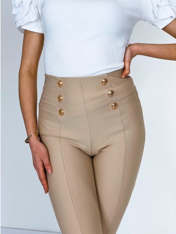 Dámske elegantné nohavice s vysokým pásom a zlatými gombíkmi- béžové