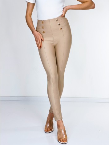 Dámske elegantné nohavice s vysokým pásom a zlatými gombíkmi- béžové