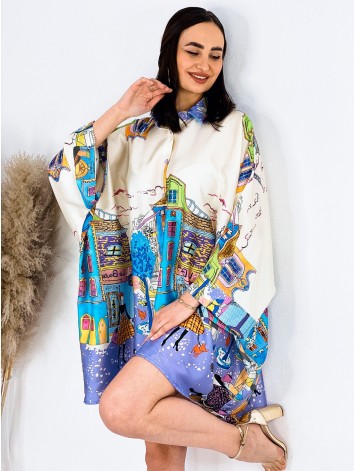 Dámske oversized košeľové šaty s potlačou - fialová