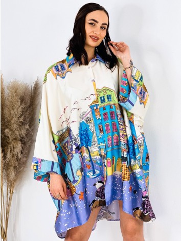 Dámske oversized košeľové šaty s potlačou - fialová
