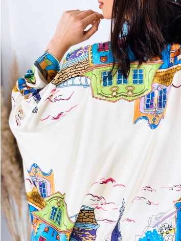 Dámske oversized košeľové šaty s potlačou - fialová