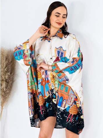 Dámske oversized košeľové šaty s potlačou - čierna