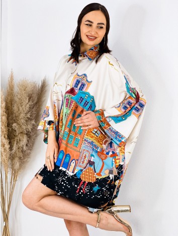 Dámske oversized košeľové šaty s potlačou - čierna