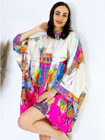 Dámske oversized košeľové šaty s potlačou - ružová