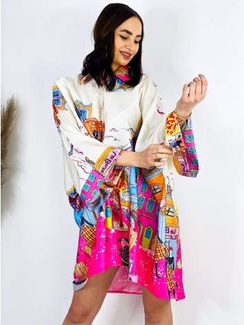 Dámske oversized košeľové šaty s potlačou - ružová