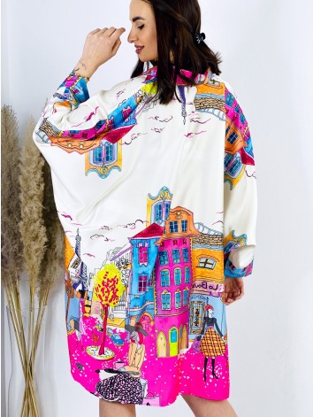 Dámske oversized košeľové šaty s potlačou - ružová