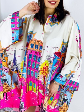 Dámske oversized košeľové šaty s potlačou - ružová