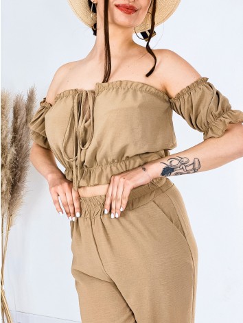 Dámsky letný komplet s crop-topom - hnedá JERRYNA
