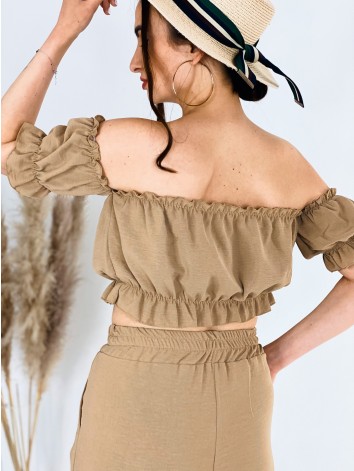 Dámsky letný komplet s crop-topom - hnedá JERRYNA