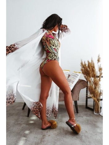 Dámske vzorované biele kimono s opaskom