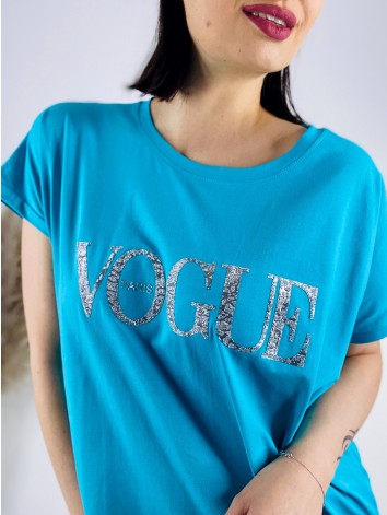 Dámske tričkové oversize šaty VOGUE - tyrkysové