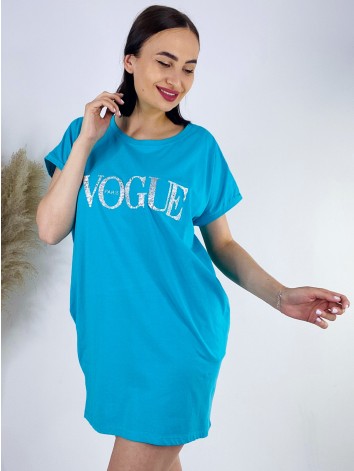 Dámske tričkové oversize šaty VOGUE - tyrkysové