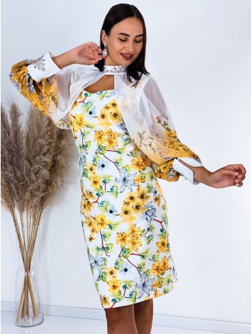 Dámske spoločenské šaty s kvetovanou potlačou pre moletky a prehozom