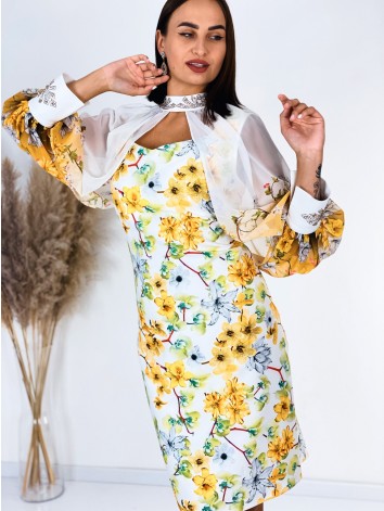 Dámske spoločenské šaty s kvetovanou potlačou pre moletky a prehozom