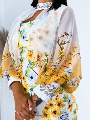 Dámske spoločenské šaty s kvetovanou potlačou pre moletky a prehozom