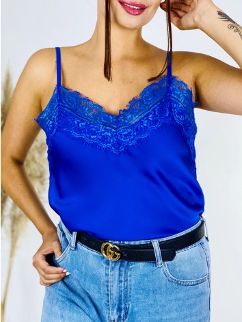 Dámsky saténový top s čipkou - modrá