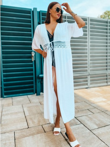Dámske dlhé exkluzívne kimono s čipkou a viazaním - biele