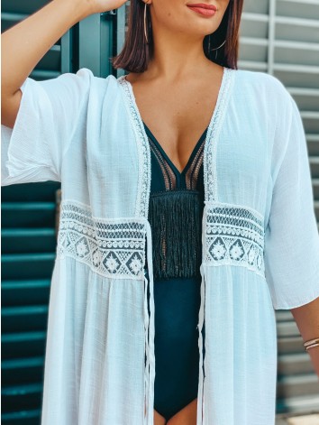 Dámske dlhé exkluzívne kimono s čipkou a viazaním - biele