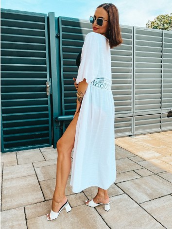 Dámske dlhé exkluzívne kimono s čipkou a viazaním - biele