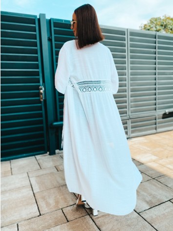 Dámske dlhé exkluzívne kimono s čipkou a viazaním - biele