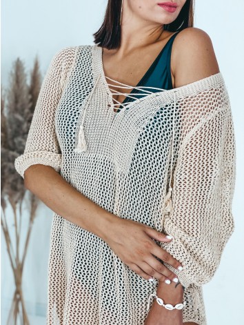 Dámske háčkované kimono s viazačkou - béžové