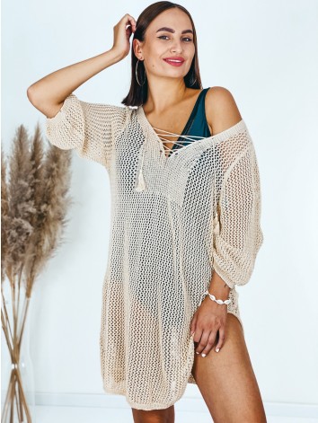 Dámske háčkované kimono s viazačkou - béžové