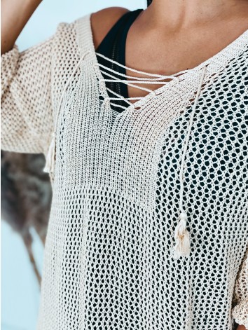 Dámske háčkované kimono s viazačkou - béžové