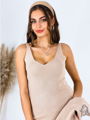 Dámsky hnedý úpletový komplet šaty + rolákový sveter s kamienkami