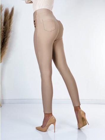 Dámske elastické nohavice s vysokým pásom a zlatými gombíkmi- béžové