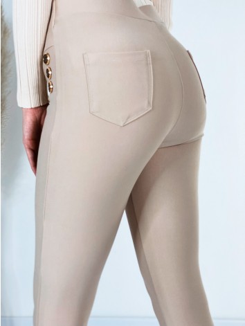Dámske elastické nohavice s vysokým pásom a zlatými gombíkmi- béžové