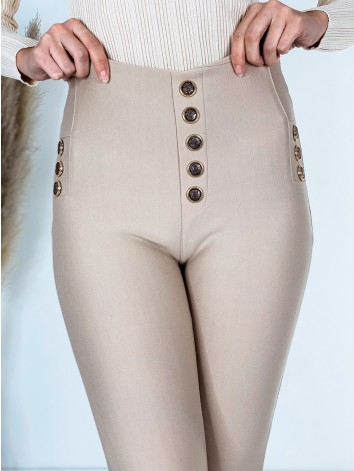 Dámske elastické nohavice s vysokým pásom a zlatými gombíkmi- béžové
