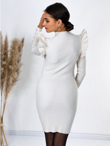 Dámske úpletové šaty so zlatými gombíkmi a volánmi - béžové