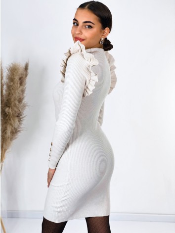 Dámske úpletové šaty so zlatými gombíkmi a volánmi - béžové