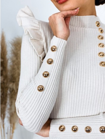 Dámske úpletové šaty so zlatými gombíkmi a volánmi - béžové