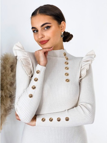 Dámske úpletové šaty so zlatými gombíkmi a volánmi - béžové