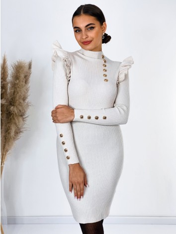 Dámske úpletové šaty so zlatými gombíkmi a volánmi - béžové