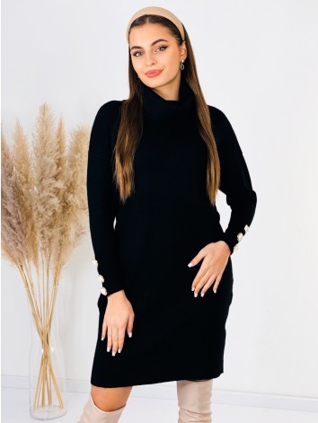Dámske úpletové oversize rolákové šaty s gombíkmi - čierne