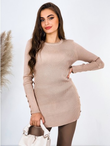 Dámsky predĺžený úpletový pulóver s gombíkmi - hnedý