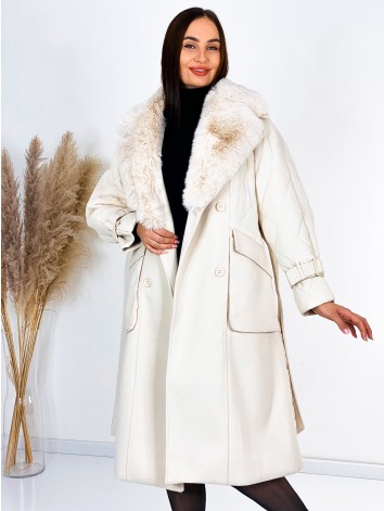 Dámsky béžový kombinovaný kabát/bunda s kožušinou a opakom