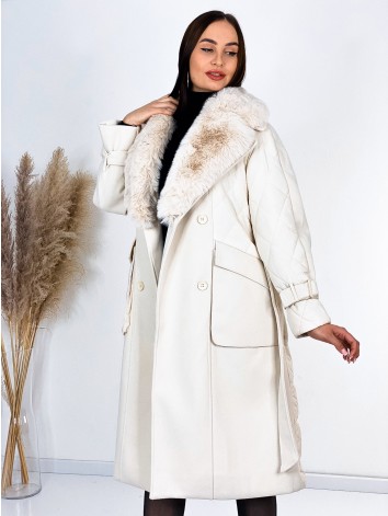 Dámsky béžový kombinovaný kabát/bunda s kožušinou a opakom