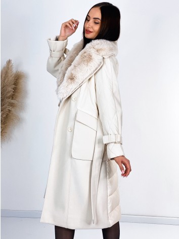 Dámsky béžový kombinovaný kabát/bunda s kožušinou a opakom