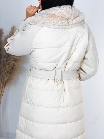 Dámsky béžový kombinovaný kabát/bunda s kožušinou a opakom